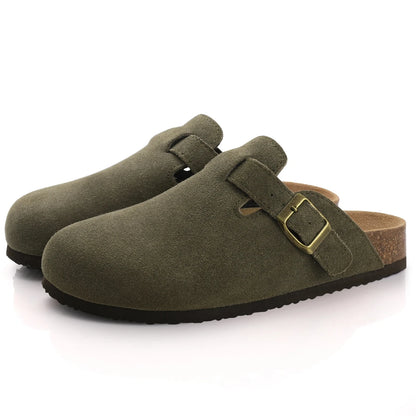 Comwarm Suede Flat Clogs Women Classic Cork Clogs Men Leather Mules Indoor Arch Support Slippers Outdoor Non Slip Cork Slippers