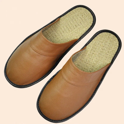 Genuine Cow Leather Linen Slippers Homes In Indoor Slipper Spring Autumn Men Women Elderly Non-slip Casual Single Slides Shoes