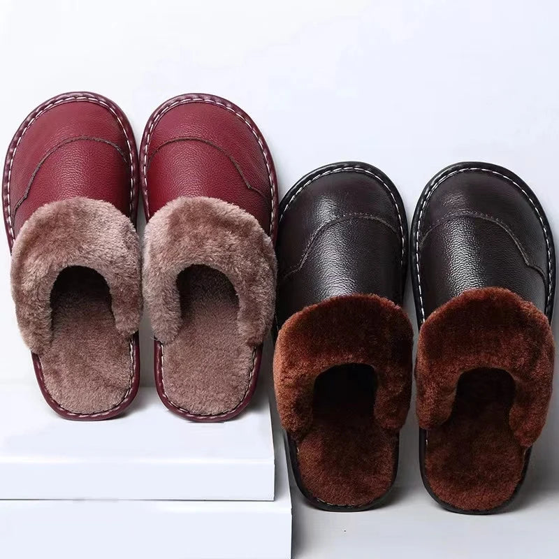 Autumn Winter New Thick Leather Cover Toe Warm Breathable Woman Couple Household Indoor Non-slip Waterproof Cotton Slippers Man