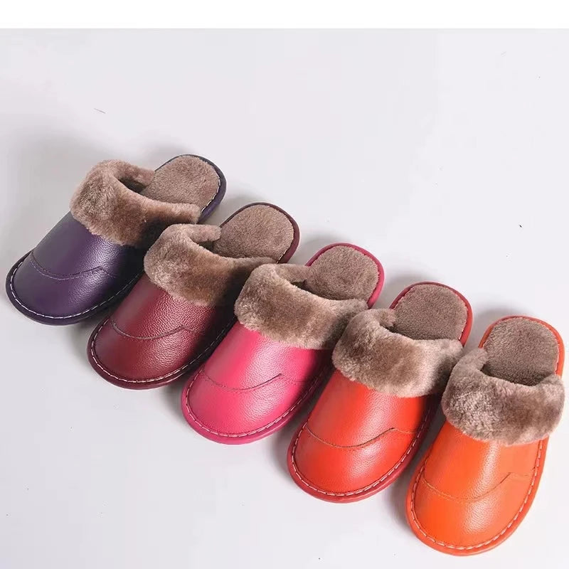 Autumn Winter New Thick Leather Cover Toe Warm Breathable Woman Couple Household Indoor Non-slip Waterproof Cotton Slippers Man