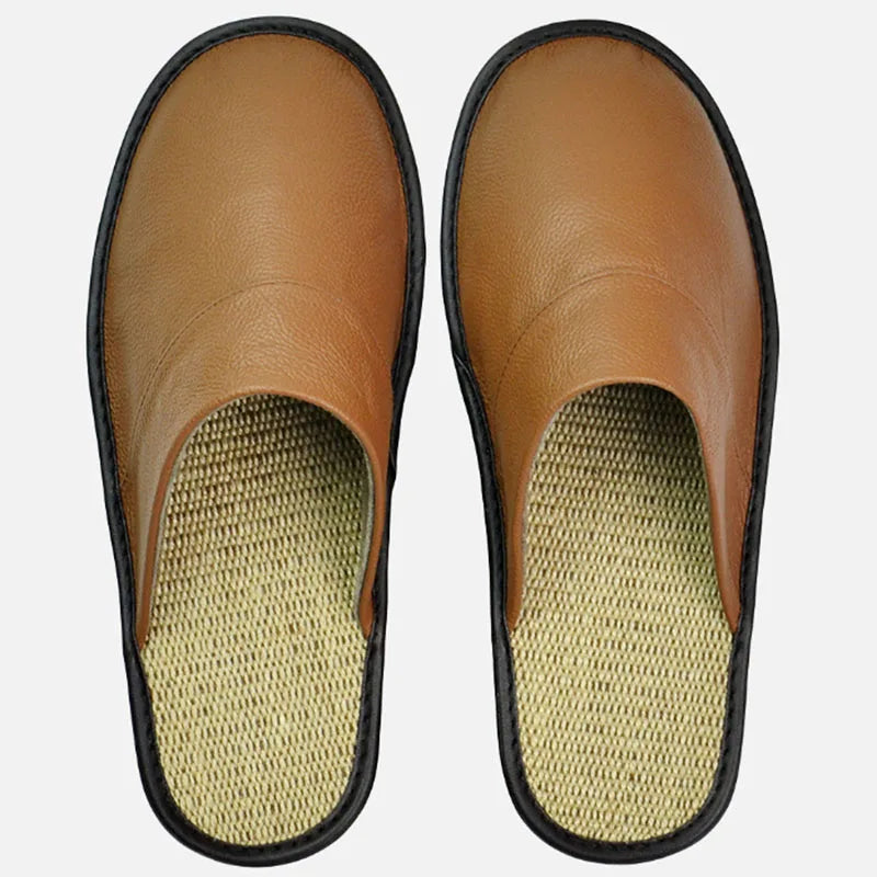 Genuine Cow Leather Linen Slippers Homes In Indoor Slipper Spring Autumn Men Women Elderly Non-slip Casual Single Slides Shoes