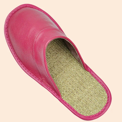 Genuine Cow Leather Linen Slippers Homes In Indoor Slipper Spring Autumn Men Women Elderly Non-slip Casual Single Slides Shoes