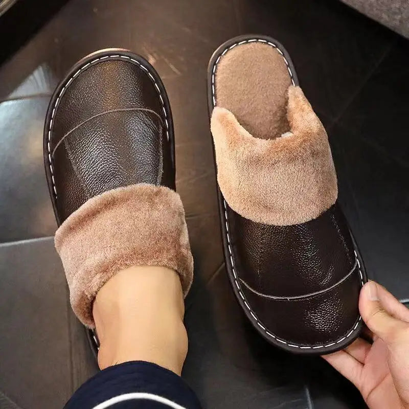 Autumn Winter New Thick Leather Cover Toe Warm Breathable Woman Couple Household Indoor Non-slip Waterproof Cotton Slippers Man