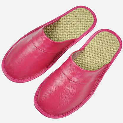 Genuine Cow Leather Linen Slippers Homes In Indoor Slipper Spring Autumn Men Women Elderly Non-slip Casual Single Slides Shoes