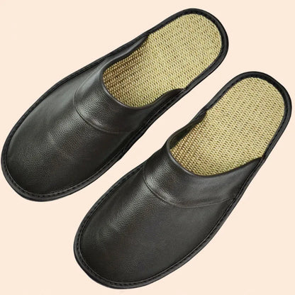 Genuine Cow Leather Linen Slippers Homes In Indoor Slipper Spring Autumn Men Women Elderly Non-slip Casual Single Slides Shoes