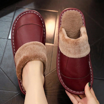 Autumn Winter New Thick Leather Cover Toe Warm Breathable Woman Couple Household Indoor Non-slip Waterproof Cotton Slippers Man