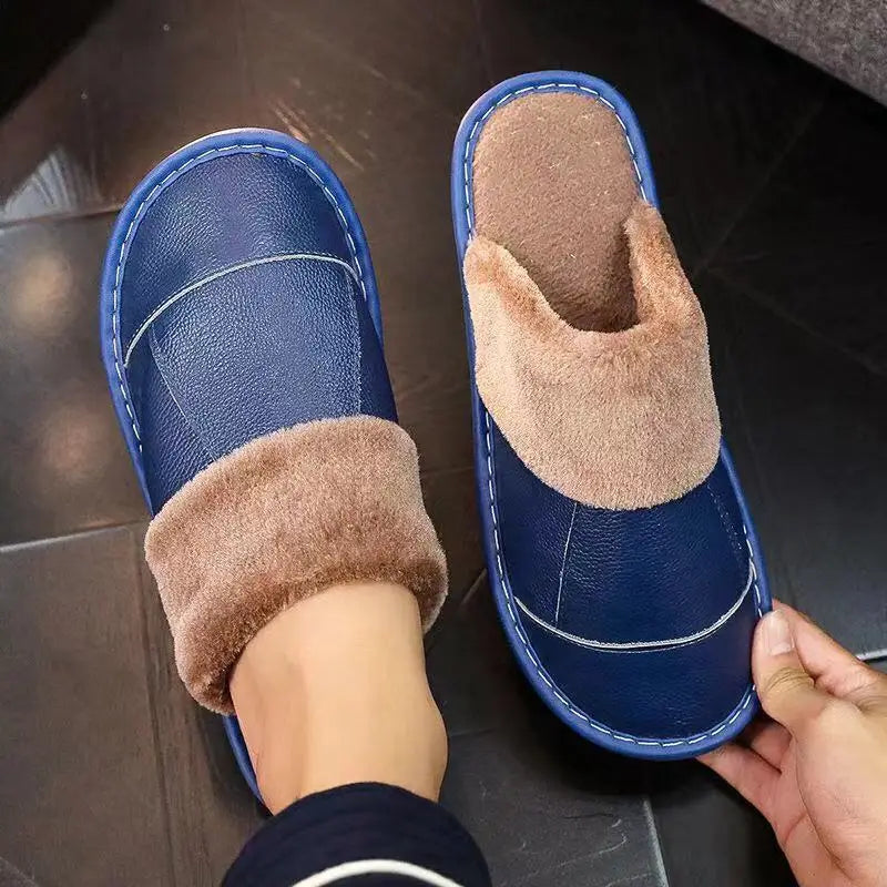 Autumn Winter New Thick Leather Cover Toe Warm Breathable Woman Couple Household Indoor Non-slip Waterproof Cotton Slippers Man