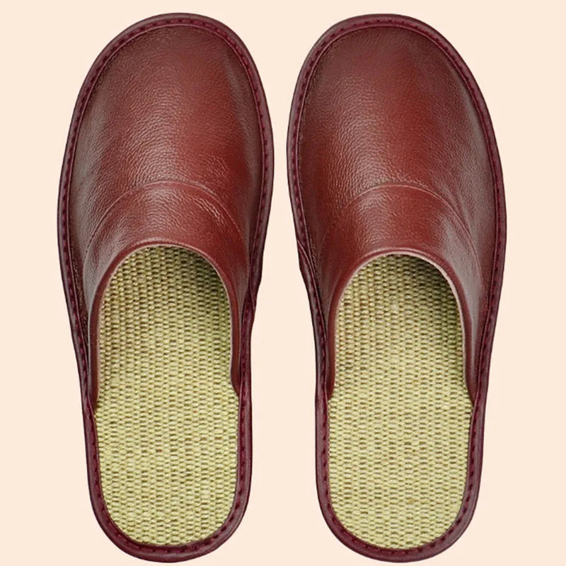 Genuine Cow Leather Linen Slippers Homes In Indoor Slipper Spring Autumn Men Women Elderly Non-slip Casual Single Slides Shoes