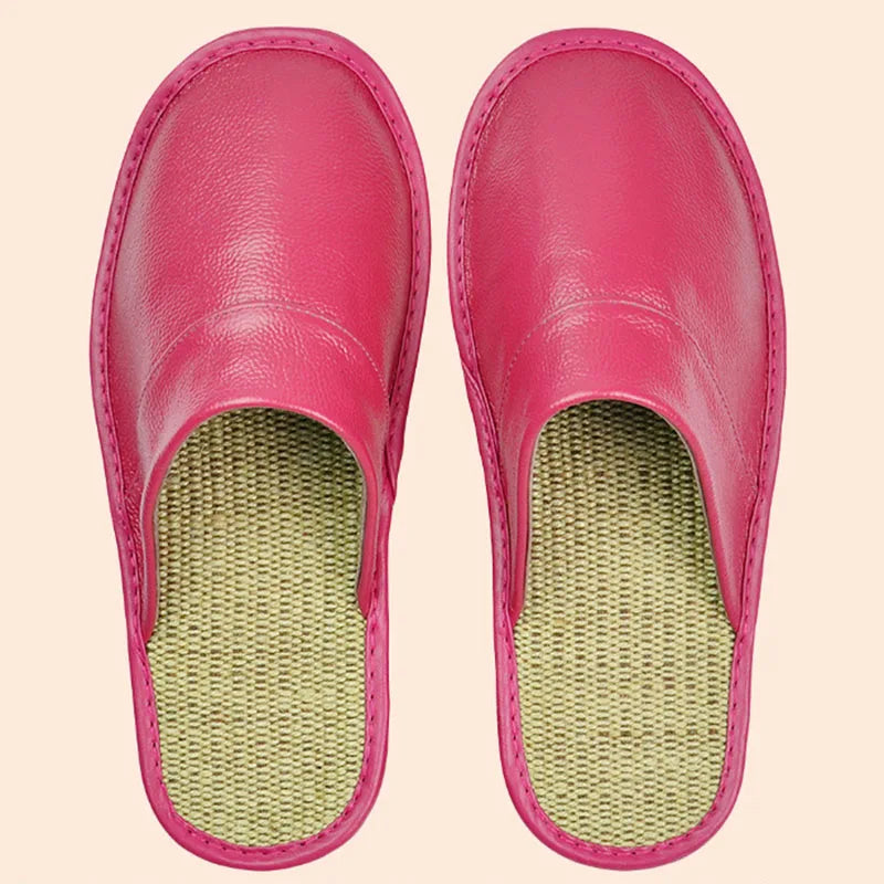 Genuine Cow Leather Linen Slippers Homes In Indoor Slipper Spring Autumn Men Women Elderly Non-slip Casual Single Slides Shoes