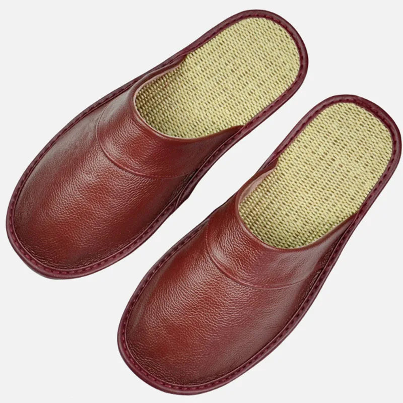 Genuine Cow Leather Linen Slippers Homes In Indoor Slipper Spring Autumn Men Women Elderly Non-slip Casual Single Slides Shoes