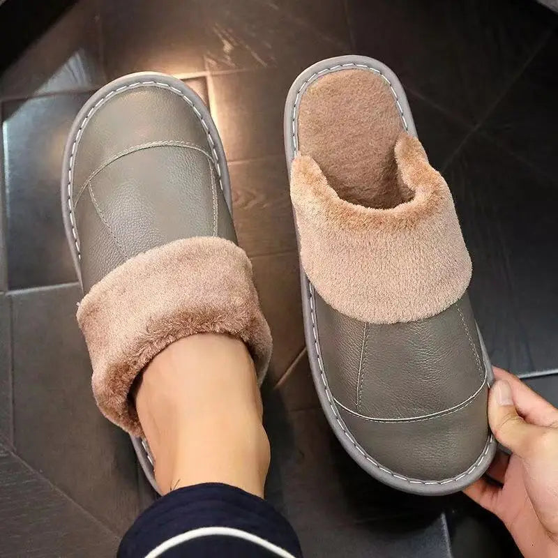 Autumn Winter New Thick Leather Cover Toe Warm Breathable Woman Couple Household Indoor Non-slip Waterproof Cotton Slippers Man