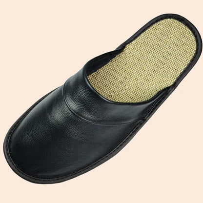 Genuine Cow Leather Linen Slippers Homes In Indoor Slipper Spring Autumn Men Women Elderly Non-slip Casual Single Slides Shoes