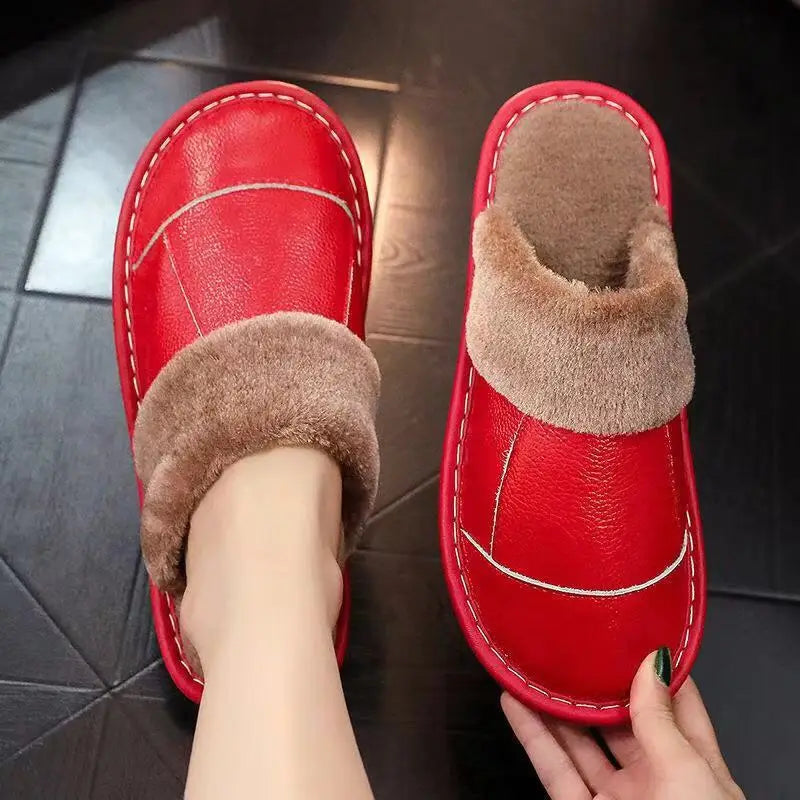 Autumn Winter New Thick Leather Cover Toe Warm Breathable Woman Couple Household Indoor Non-slip Waterproof Cotton Slippers Man