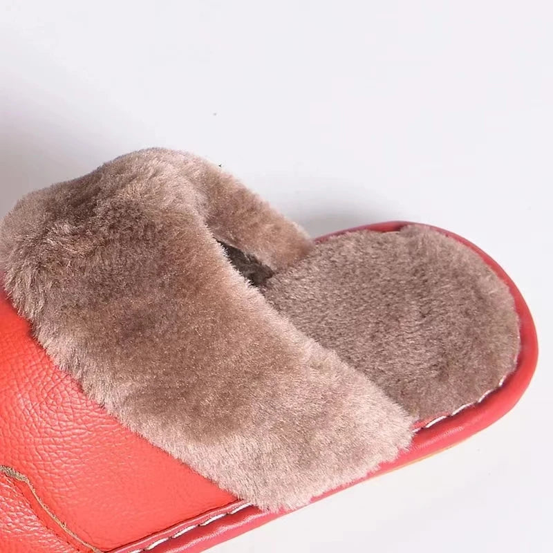 Autumn Winter New Thick Leather Cover Toe Warm Breathable Woman Couple Household Indoor Non-slip Waterproof Cotton Slippers Man