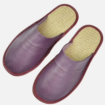 Genuine Cow Leather Linen Slippers Homes In Indoor Slipper Spring Autumn Men Women Elderly Non-slip Casual Single Slides Shoes