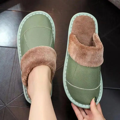 Autumn Winter New Thick Leather Cover Toe Warm Breathable Woman Couple Household Indoor Non-slip Waterproof Cotton Slippers Man