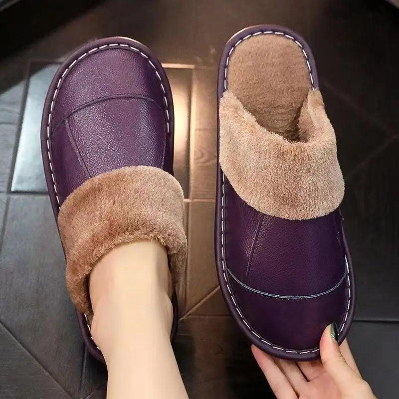 Autumn Winter New Thick Leather Cover Toe Warm Breathable Woman Couple Household Indoor Non-slip Waterproof Cotton Slippers Man