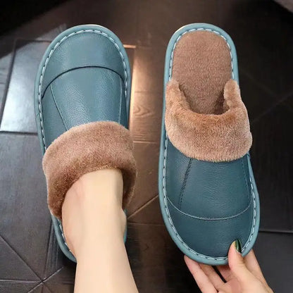 Autumn Winter New Thick Leather Cover Toe Warm Breathable Woman Couple Household Indoor Non-slip Waterproof Cotton Slippers Man