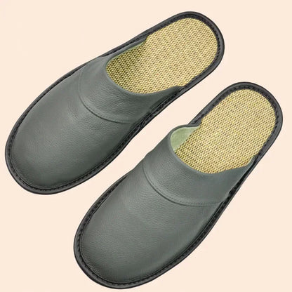 Genuine Cow Leather Linen Slippers Homes In Indoor Slipper Spring Autumn Men Women Elderly Non-slip Casual Single Slides Shoes